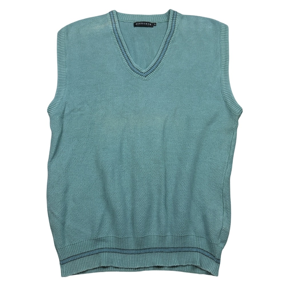 Vintage Ashworth Mens Large Teal Cotton Knit Sweater Vest Made in USA Golf